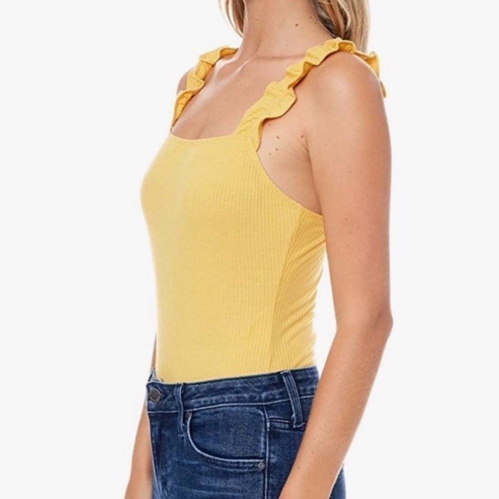 ELODIE Yellow Ribbed Tank Ruffle Straps Bodysuit Large - Picture 3 of 10